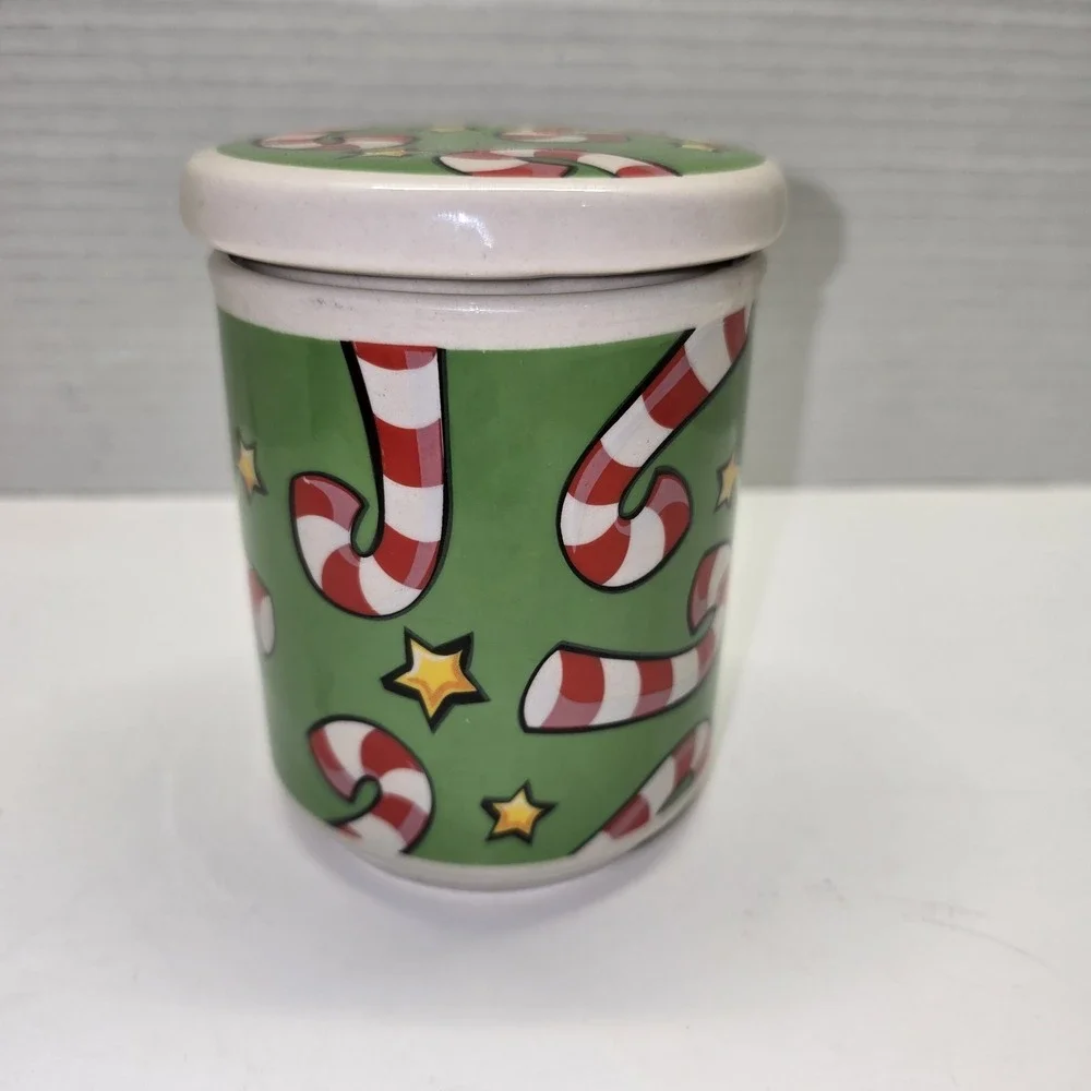 Merry Brite Candy Cane Hand‎ Painted Lidded Canister Small Seasonal Adorable